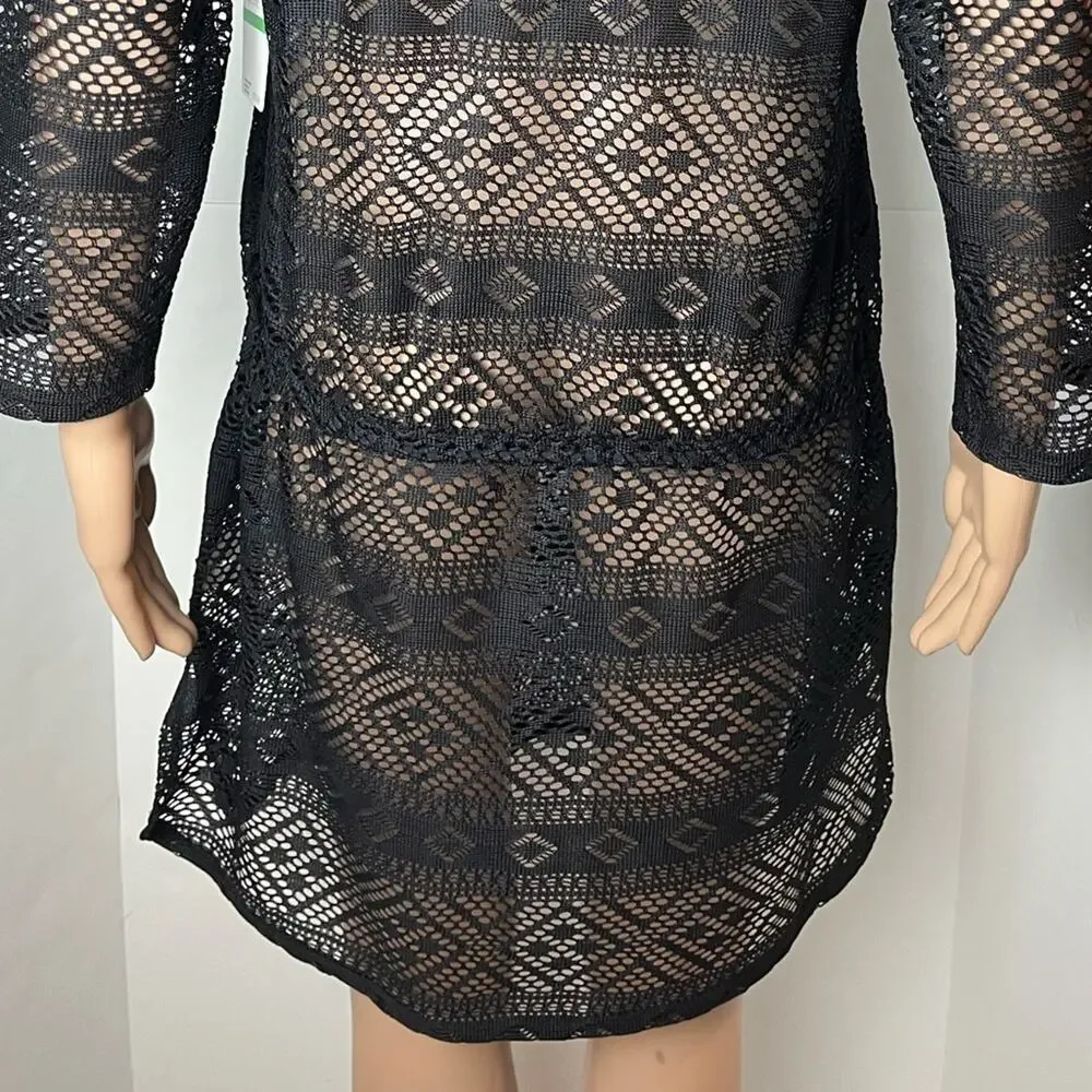 New Anne Cole Black Lace Long Sleeve Crochet Cinch Waist Swimsuit Coverup